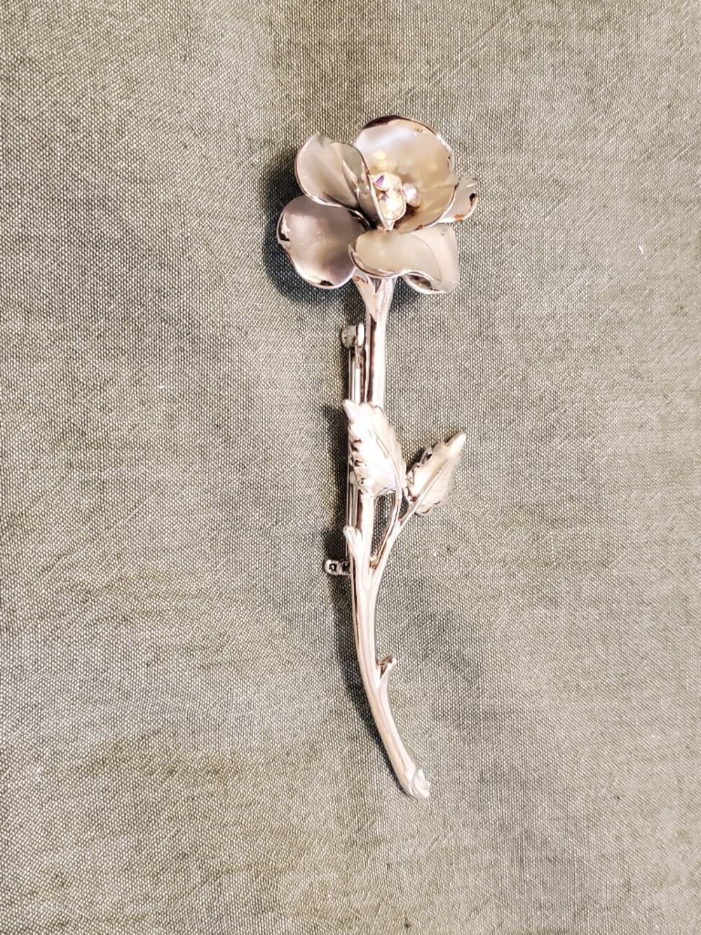 vintage silver-toned rose flower brooch AB rhinestones